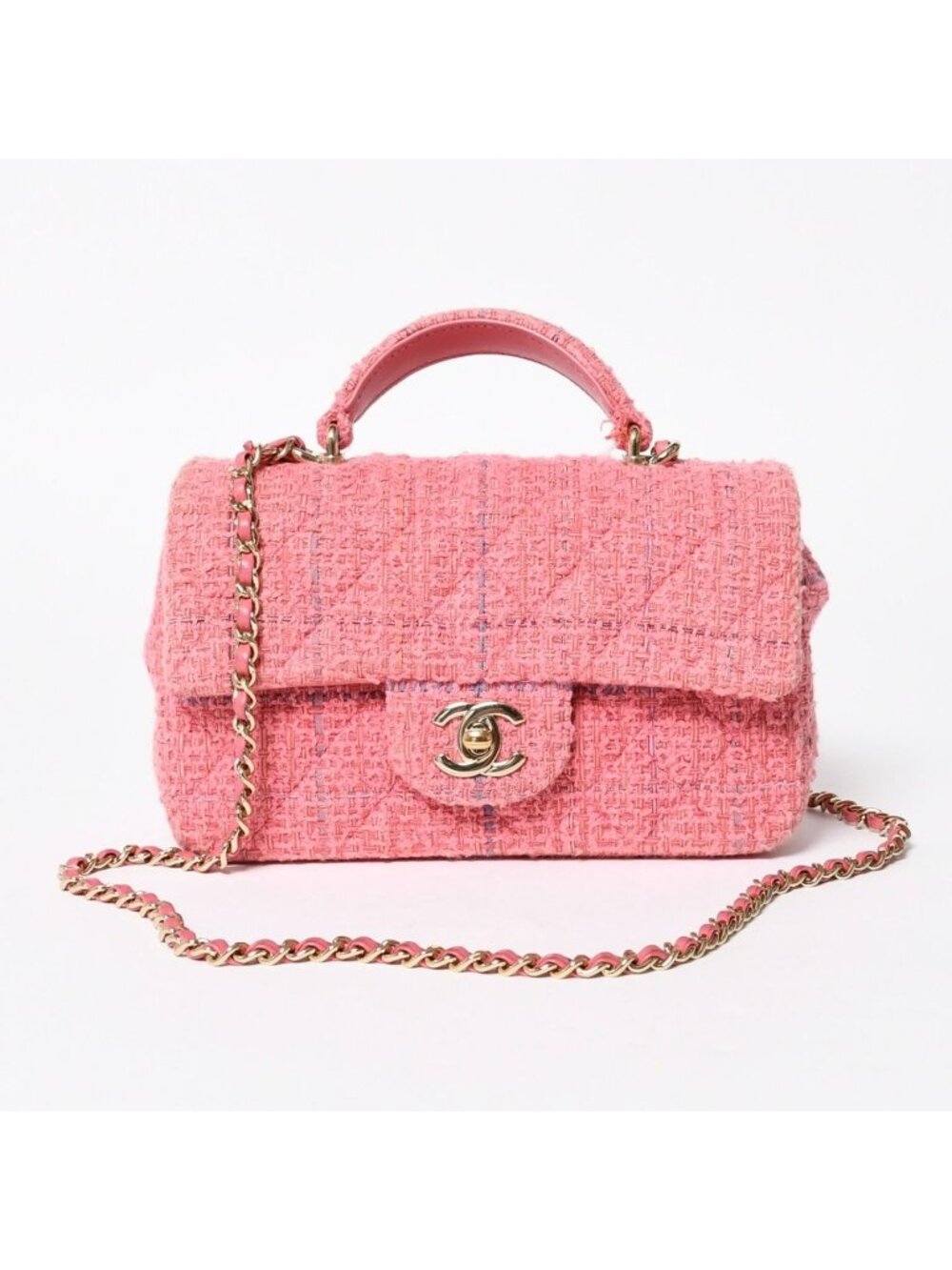Chanel Chain Shoulder Bag CC Logo Tweed Quilted Pink Gold